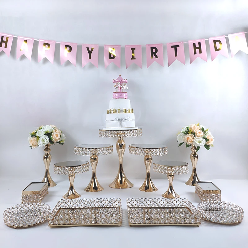 Больше лоток золотой свадебный торт стенд Набор белого цвета со стразами и