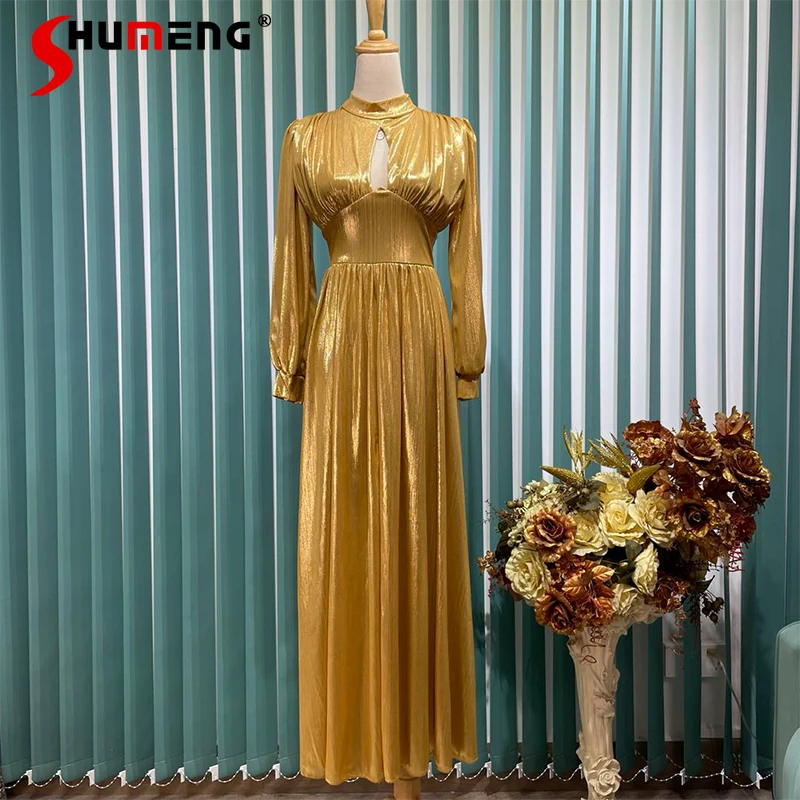 

Court Style Golden Yellow Split High Waist Long Dress Ladies 2021 Autumn Elegant Tunics Long Sleeve Maxi Dresses for Women Party