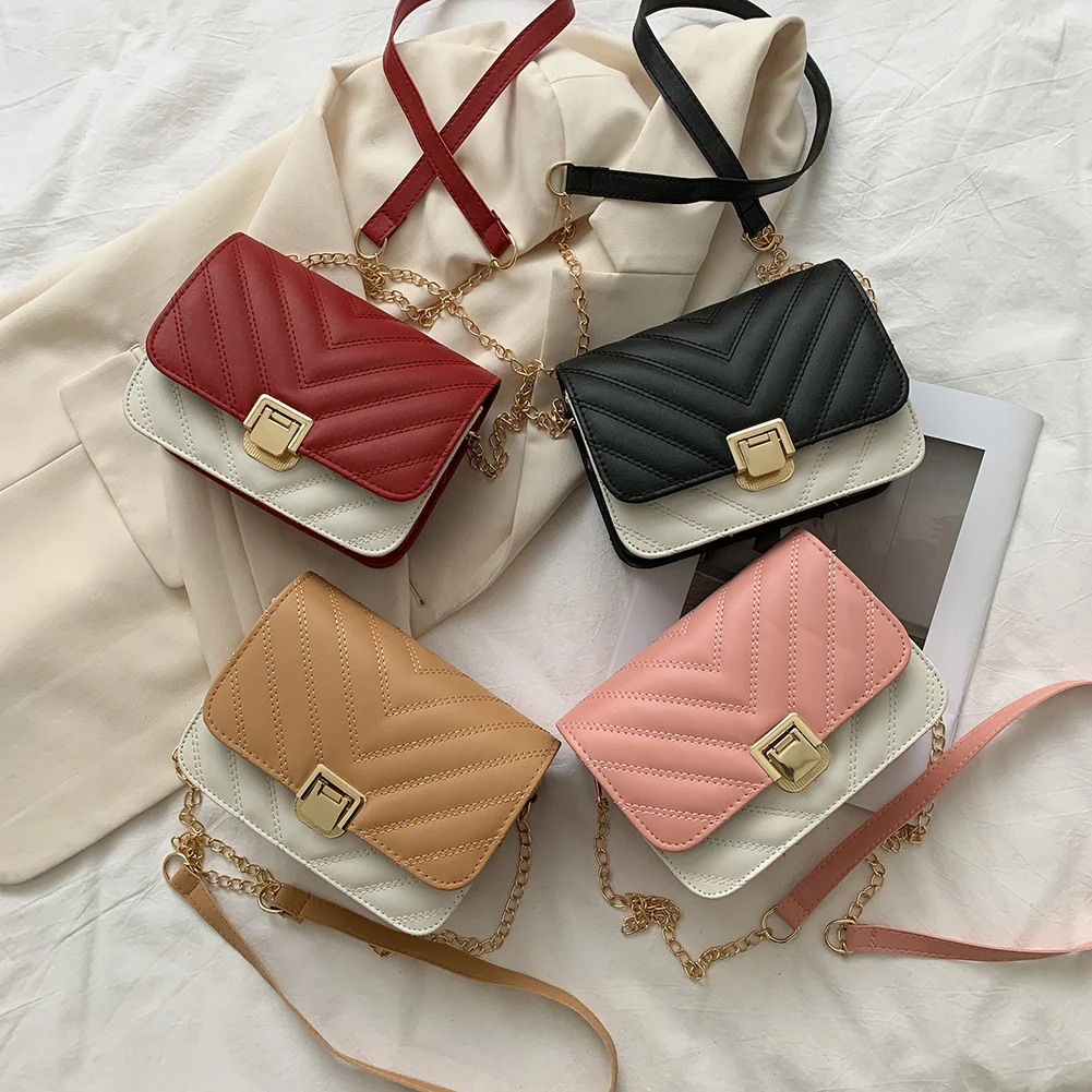 

PU Leather Hit Color Shoulder Shopping Bag Fashion Women Handbag Vintage Purses Popular Simple Female Daily Bag