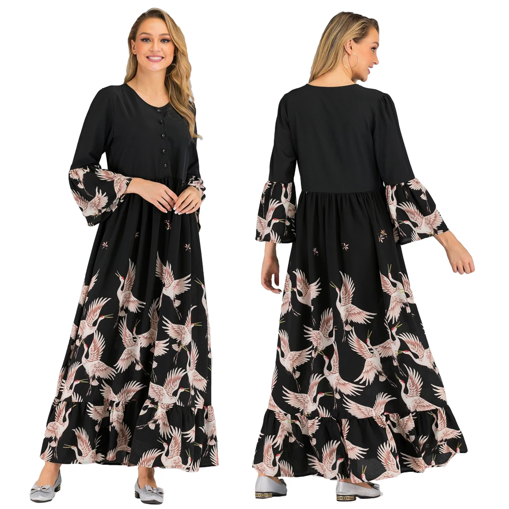 

Fashion Abaya Women Muslim Printed Long Maxi Dress Flare 3/4 Sleeve Kaftan Robe Gown Patchwork Casual Autumn Dress Islamic Arab