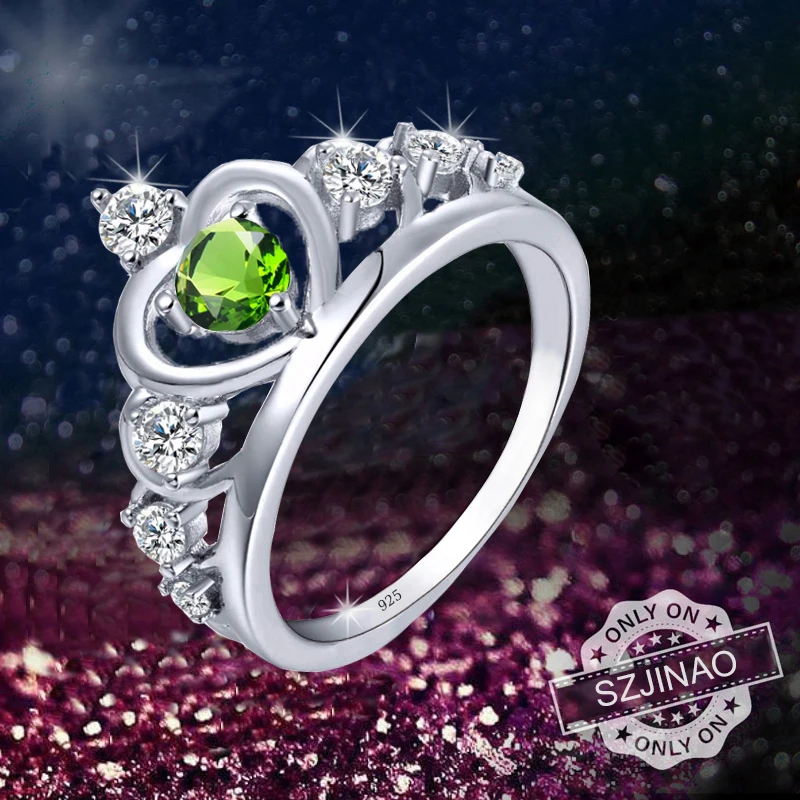 

Silver Rings For Women Real 925 Sterling Silver Crown Love Heart Finger Ring Shiny Peridot White CZ Party Wedding Fine Jewelry
