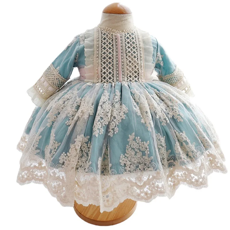 

2021 Girl Spanish Dress Summer Children Kid Princess Lolita Blue Tutu Dresses for Wedding Bridesmaid Baptism Birthday Party Robe