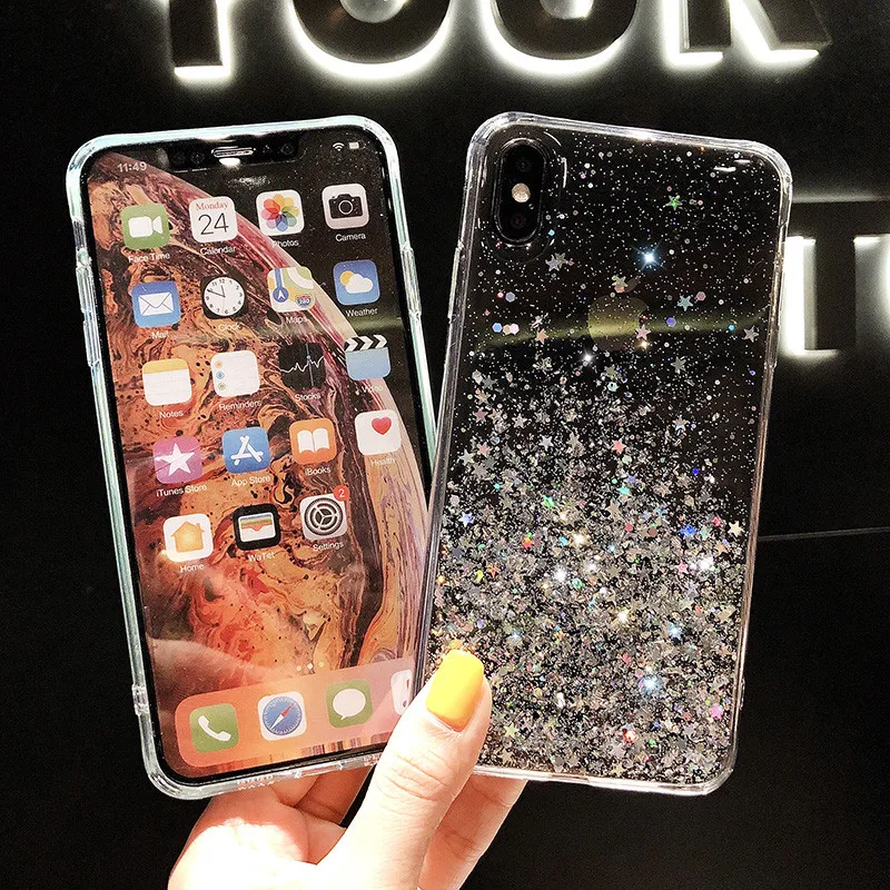 Fashion Silver Foil Star Bling Glitter Back Phone Cover For iPhone 11 Pro Max 6 6S 7 8 Plus X Xr Xs 10 Silicon Soft TPU Case |