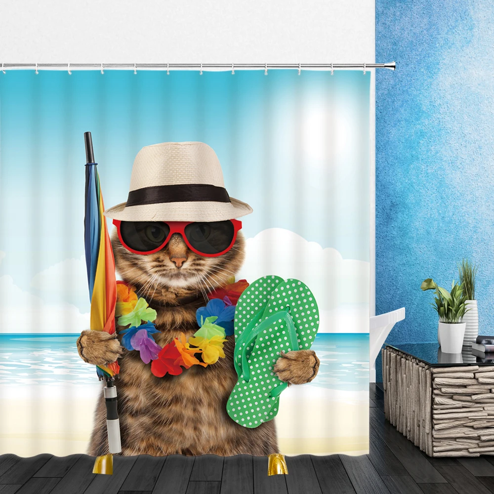 funny animal shower curtains decoration cute pet cat home bathroom decor polyester bath cloth hanging curtain set with hooks free global shipping
