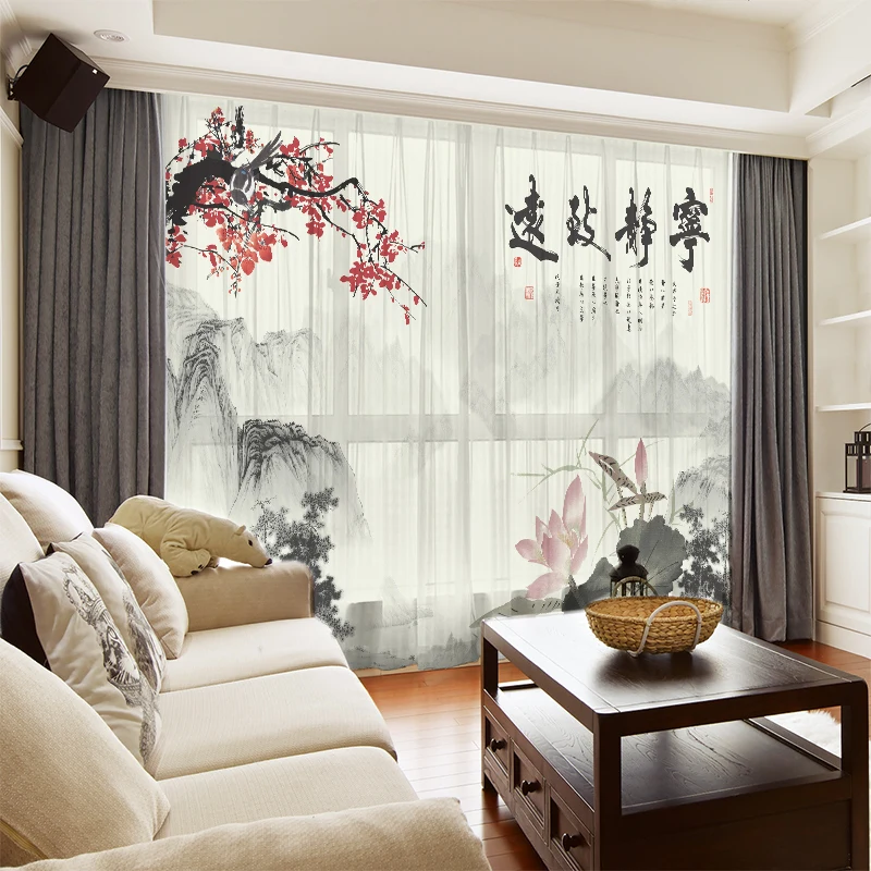 

Custom Chiffon Sheer Curtain Window Drape for Bedroom Living Room Plum Bossom Lotus Ink Painting Khaki Gray Brown Pink Blue