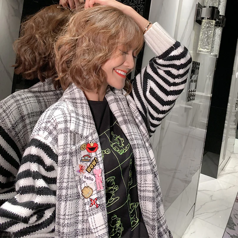 Осень 2019 Вязанные шерстяные куртки с длинным рукавом женские шикарные v-образным