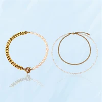 2021 fashion women retro necklaces metal chain pearl double layer necklaces paired beaded golden choker couples dual use jewelry