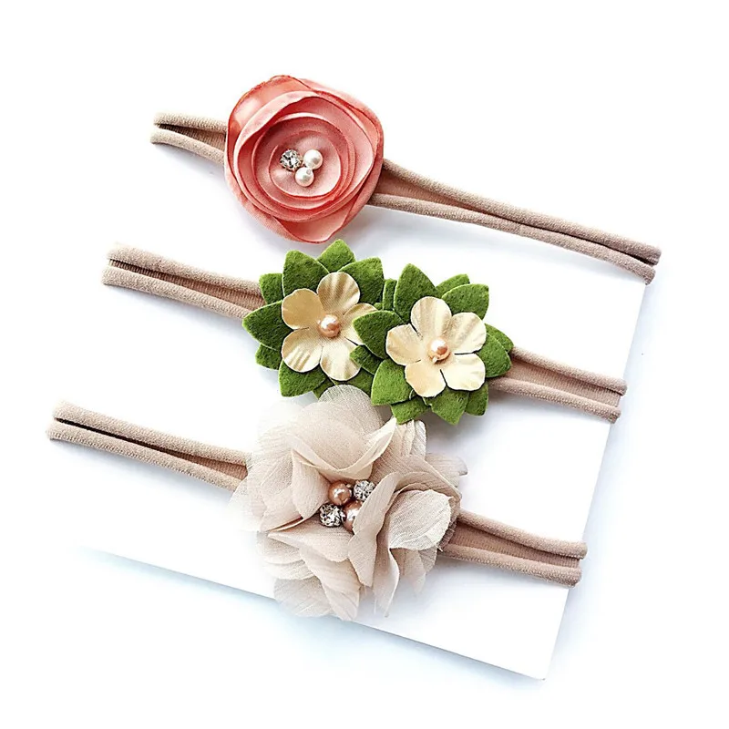 

60set/lot 3pcs/set DIY Simple Multi Fabrics Flowers Rubber Bands Pearl Baby Photo Hair Bands Hair Styling Tools Accessory HA981
