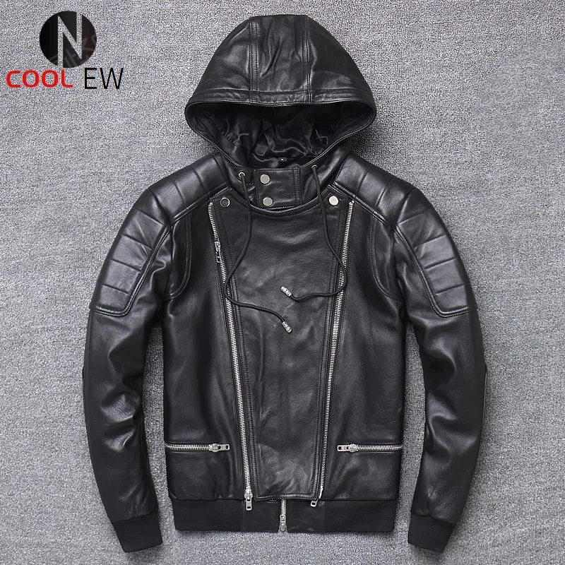 

Autumn Mens Zipper Sheepskin Hoody Bomber Jacket Fashion Motorcycle Biker Genuine Leather Jacket Short Slim Coat Plus Size 5XL