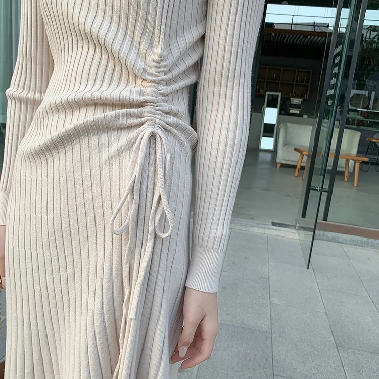 

Draped Lace-Up Long Sleeve Knitted Mid-Length Dress Women Fashion Solid O-Neck Sweater Dress Female Slim Elegant Dresses