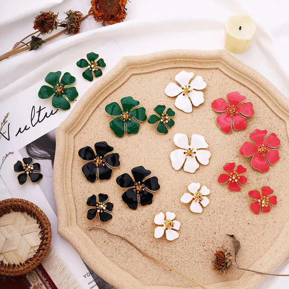 2020 New Green Black White Red Exaggerated Enamel Floral Statement Earrings For Women Colorful Spring Summer Flower Earring | Украшения и