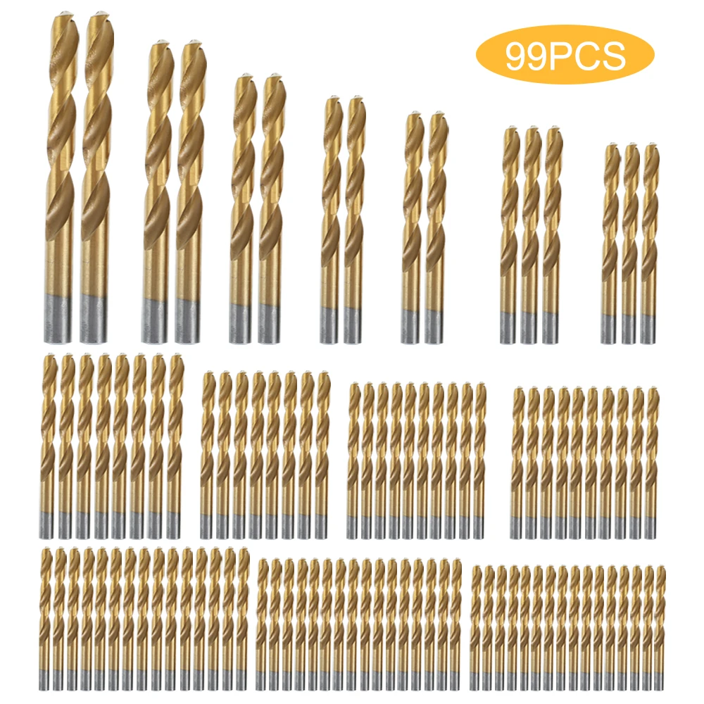 

99pcs HSS High Speed Steel Titanium Coated Drill Bit Set Shank 1.5-10mm for Cutting Drilling Polishing Power Tool Accessories