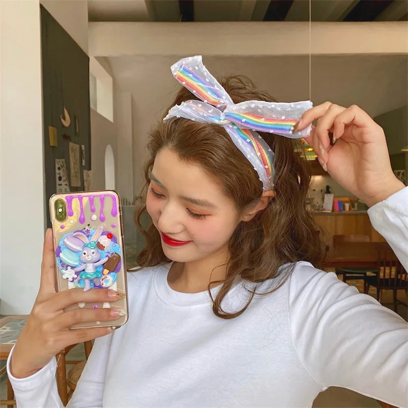 

Cute Summer Rainbow Printed Star Point Tulle Headband Korean Hair Bands Turban For Makeup Washing Women Girls Hair Accessories