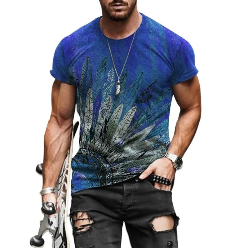 

Retro urban fashion men's T-shirt with colored feathers and 3D printing loose round neck short sleeve top plus size 2021