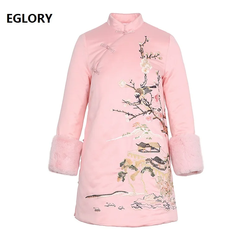 

Top Quality Brand Chinese Style Parka Jackets Women Lurex Embroidery Floral Birds Patterns Rabbit Fur Deco Pink Apricot Coat XXL