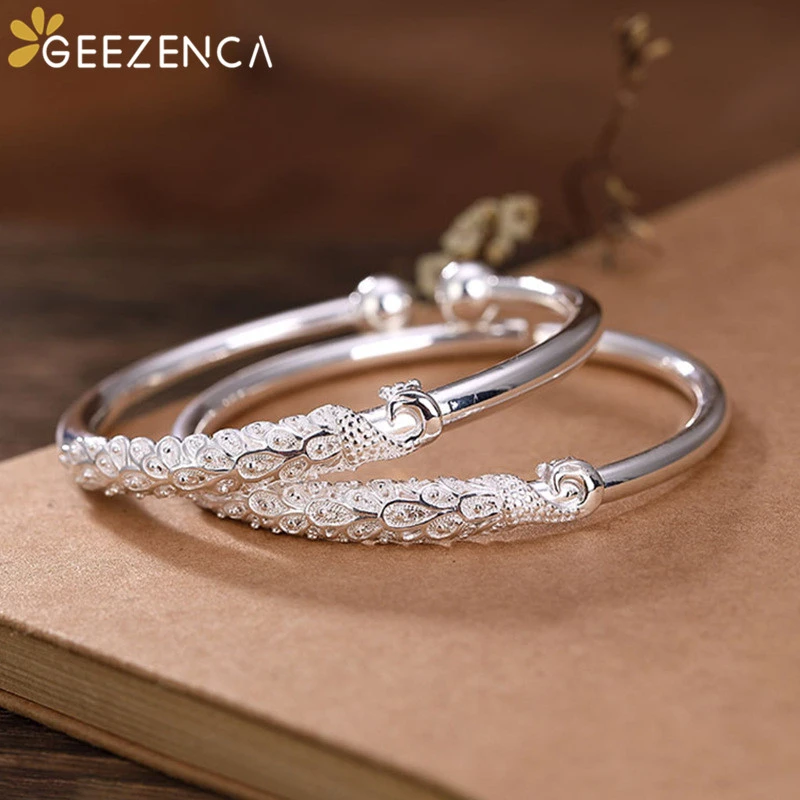 

Винтаж 999 стерлингового серебра Павлин Открыть Браслеты для запястья, скромный этнический браслеты с изменяемым размером ювелирные украше...