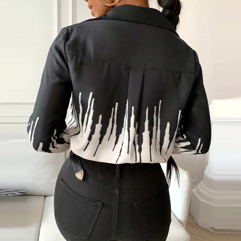 

Chiffon Lapel Women Shirts Elegant Tops Contrast Long Sleeve Print Women's Tee Shirt Summer Business Casual Office Lady t shirts