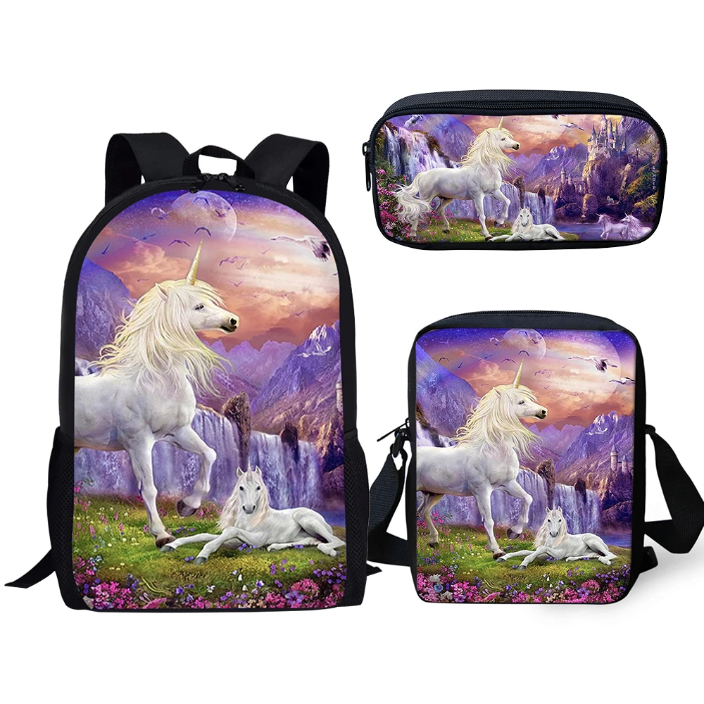HaoYun Fashion Kids 3PCs Set Backpack Cute Horse Pattern School Bag Students Fantasy Unicorn Prints Backpack/Flaps Bag/Pen Bags