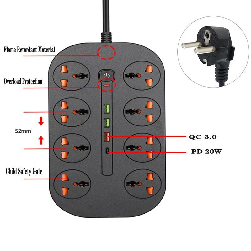 

Сетевая зарядка PD QC3.0 с 4 USB-портами, 3000 Вт, 8 розеток
