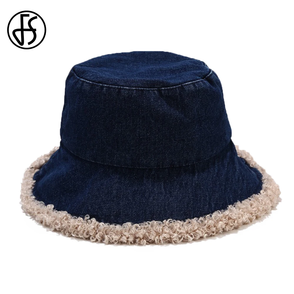 

FS New Style Pure Color Denim Fisherman Hat For Women Korean Fashion Lambswool Big Brim Bucket Hat Outdoor Warm Winter Cap