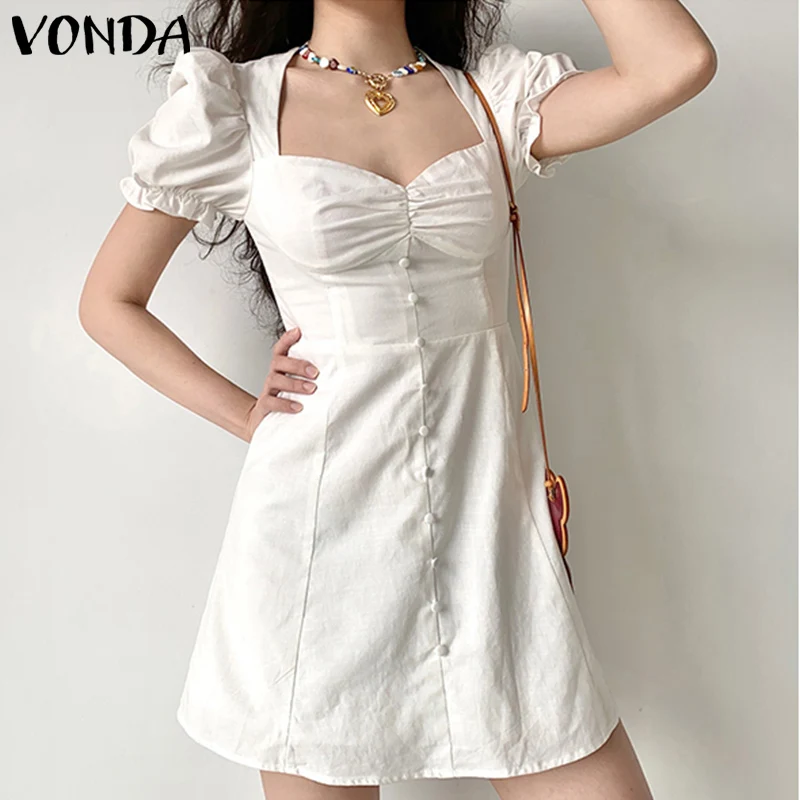 

Мини-платье VONDA женское с коротким рукавом, праздничная винтажная туника с квадратным вырезом, пляжный сарафан оверсайз, 2022