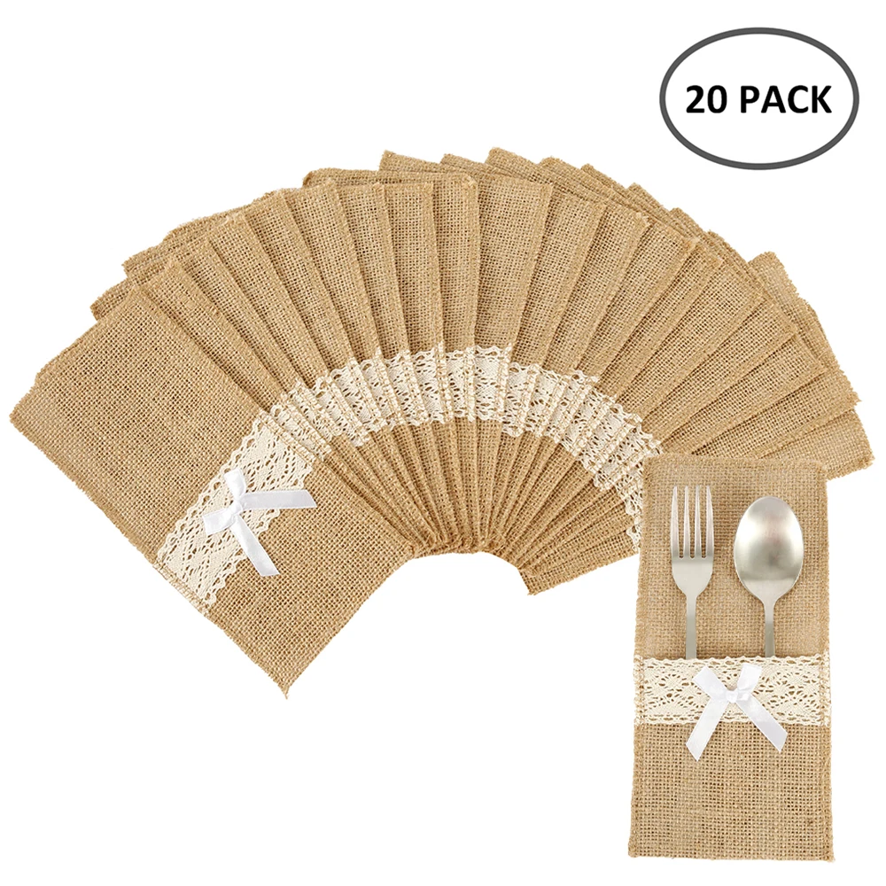 

20pcs Natural Jute Burlap Cutlery Holders Packaging Fork and Knife Cutlery Pouch for Wedding Party Birthday Tableware Supplies