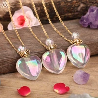 luxury women natural aura white quartz heart shape perfume bottle pendant necklace electroplated crystal stone oil bottle charm