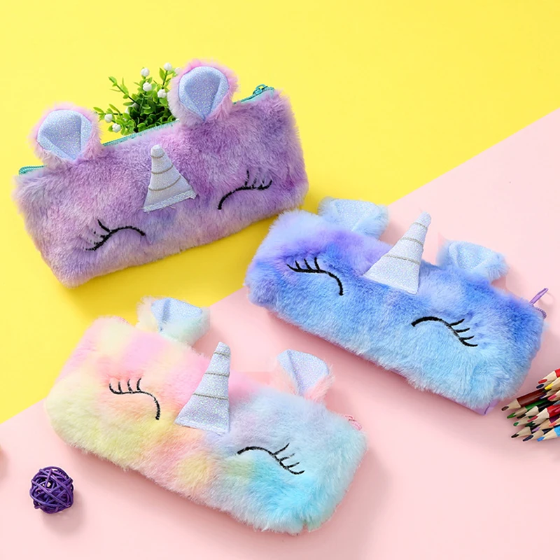 

Cute Rainbow Unicorn Plush Pencil Case Pen Bag Large Capacity School Stationery