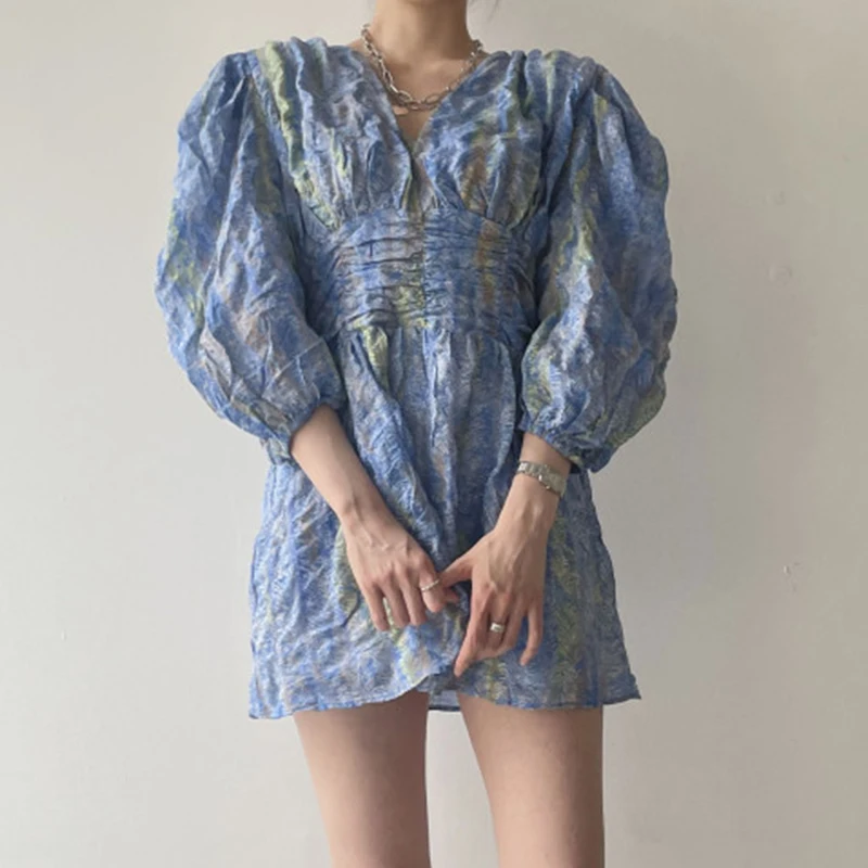 

GALCAUR Vintage Floral Print Fold Pleated Summer Dress Women's Clothing V Neck Long Sleeve Mini Dresses For Women 2021 Fashion