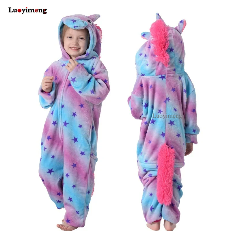 Kigurumi Onesie/Детские пижамы с единорогом, детское одеяло для животных, зимние пижамы для девочек, костюмы единорога - Цвет: blue star