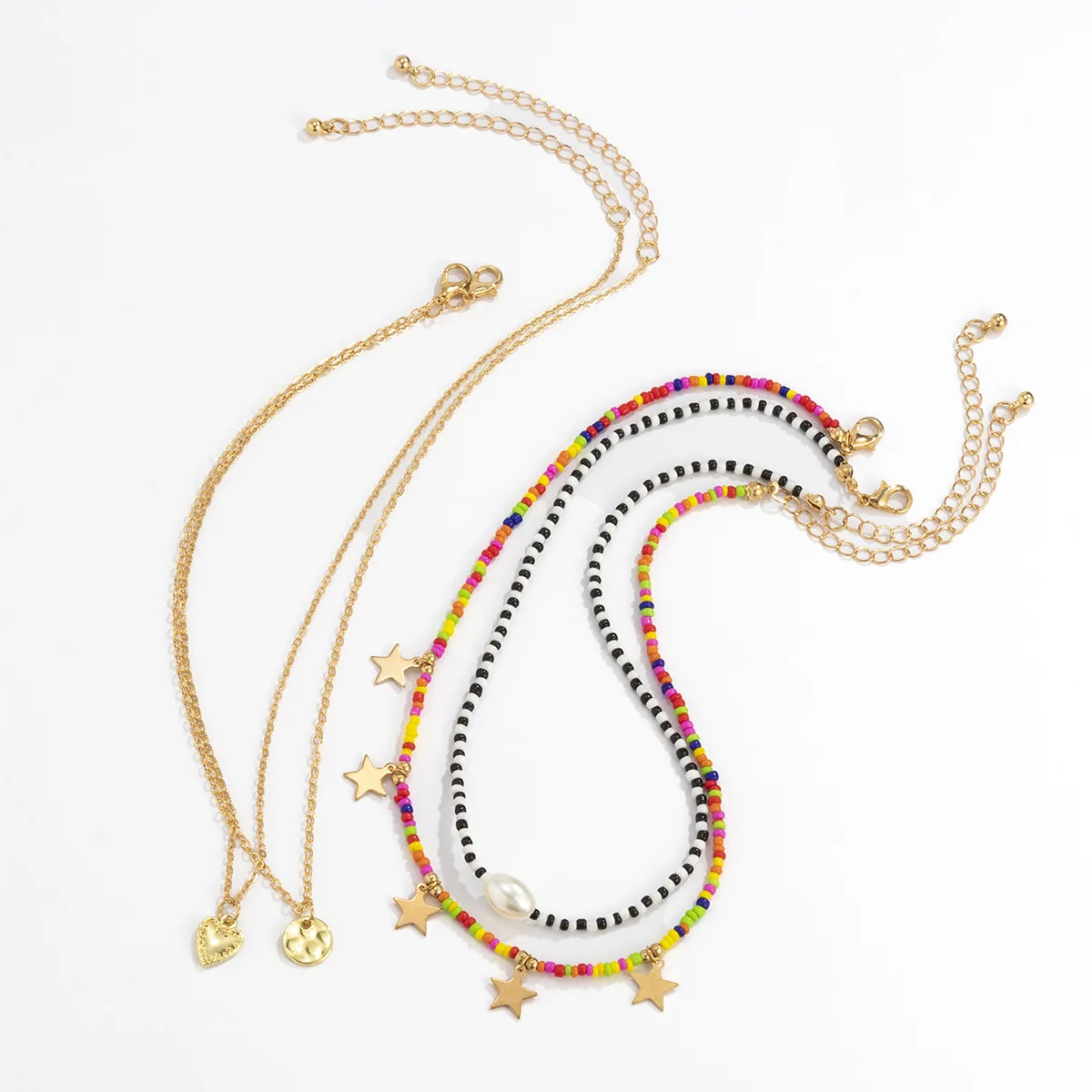

4 Pcs/set Women's Boho Colorful Acrylic Beads Chains Necklaces Heart Pendant With Gold Chain Choker Necklaces For Women 2021 New