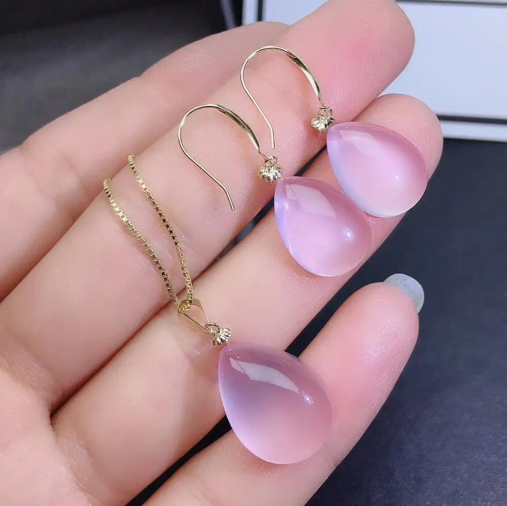 

KJJEAXCMY fine jewelry natural Rose Quartz 18K Gold women pendant necklace earrings set support test beautiful