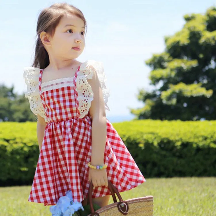 

Летние платья для маленьких девочек, детская одежда с рукавами «летучая мышь», клетчатое эластичное кружевное детское платье принцессы, де...