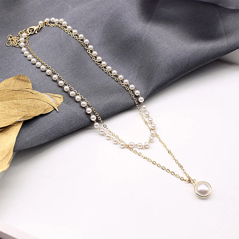 

Fashion 2020 New Korean Style Pearl Pendant Necklace Jewelry Collar Double Layer Chain Gold Color Cute Choker Women Necklace