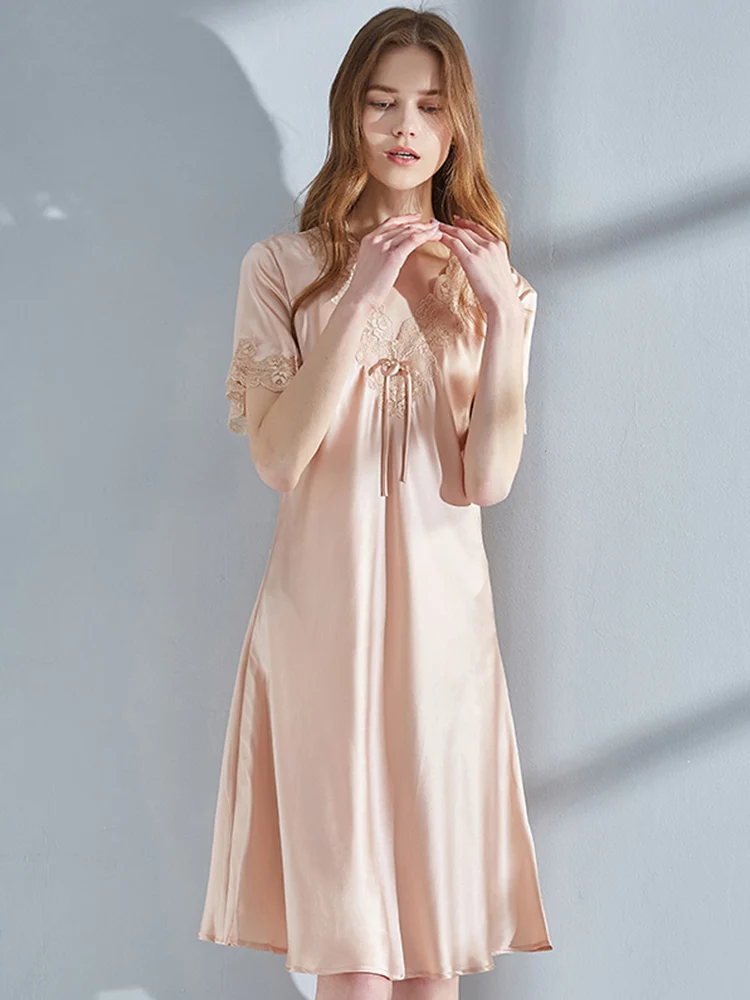 100% Real Silk Nightgown Women Summer Luxury Sexy Nightdress Robes Blue Retro Homewear Lace Sleepwear Nightwear Dressing Gown