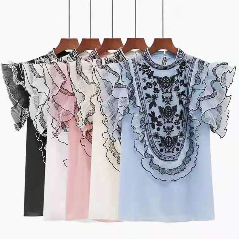 

Floral Embroidery Mesh Blouses Women Vintage French Style Lace Blouses Ruffles Tops 2021 New Flying Sleeve Chiffon Shirts 14877
