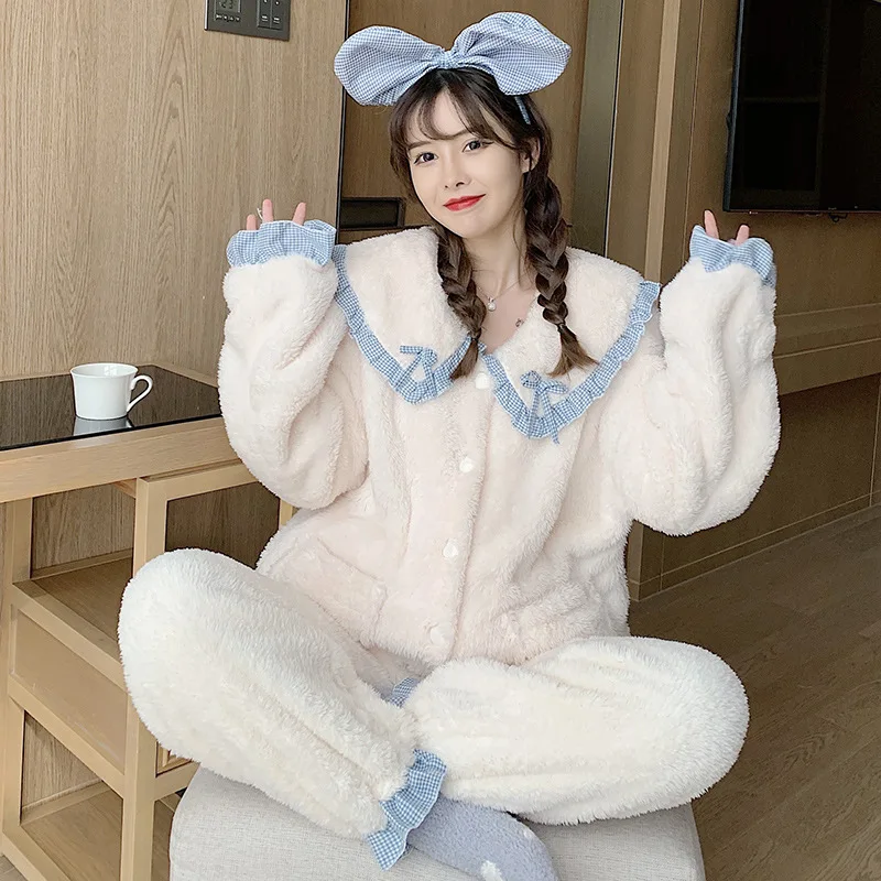 

Теплый фланелевый пижамный комплект для женщин, толстый коралловый бархатный пижамный комплект с длинным рукавом, ночная рубашка, Пижамный...