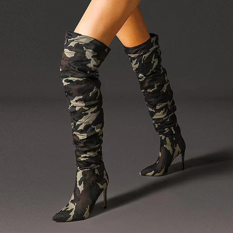 Camouflage Print Soft Long Thigh High Boots for Ladies Pointy Toe Fashion Shoes 2021 Winter Women Heels