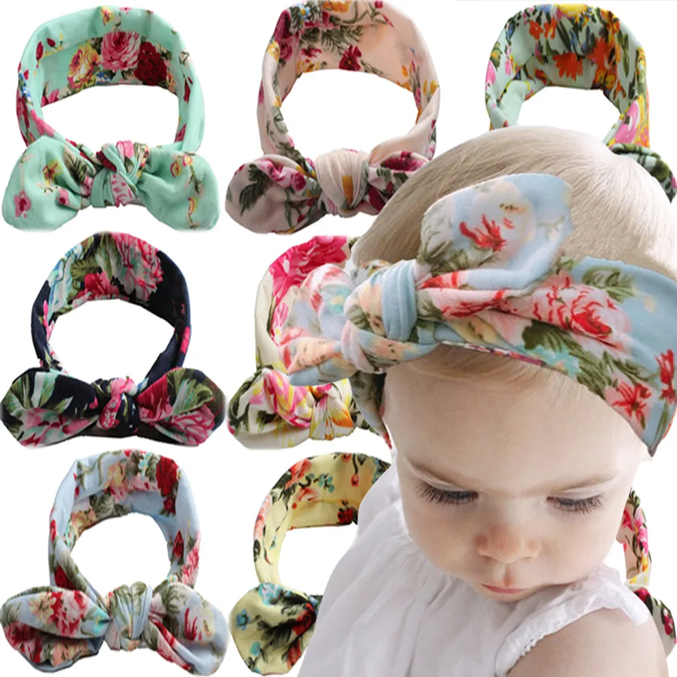 

2021 Flower Print Bunny Ears Elastic Hair Bands for Children Cat Ear Headband Turban Baby Girl Newborn Hair Accessories 0-3Years