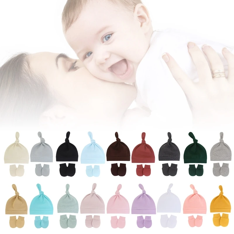 

W3JF Baby Anti-scratching Gloves Knotted Hat Set Newborn Mittens Warm Beanie Kit Infants Shower Gifts