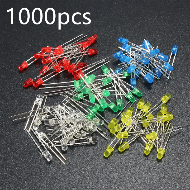 

1000pcs/lot 3mm LED Emitting Diodes Light Kit Round Top Green Red White Blue Yellow For DIY Lighting Support Dropshiping