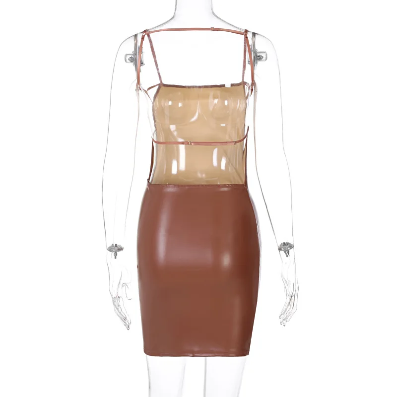 

Leather Black Dress Spaghetti Strap Square Neck Slim Fit Backless Cut out Robe Short Dresses Women Sexy Party Outfits