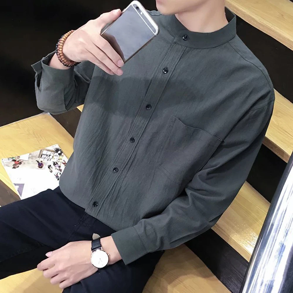 

Newest Cotton Linen Long Sleeve Mens Shirts Spring Autumn Striped Slim Fit Stand Collar Shirt Male Clothes Casual Handsome Tops