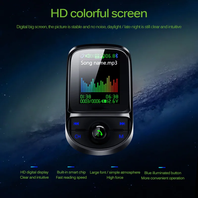 Onever автомобильный fm-передатчик Pantalla a цветной Bluetooth 5,0 беспроводной модулятор Mp3 плеер QC 3,0 двойной USB зарядное устройство Голосовая передача