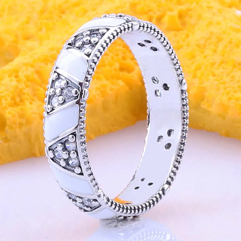 

Original White Enamel Stones And Stripes Crystal Rings For Women 925 Sterling Silver Ring Wedding Party Gift Europe Jewelry