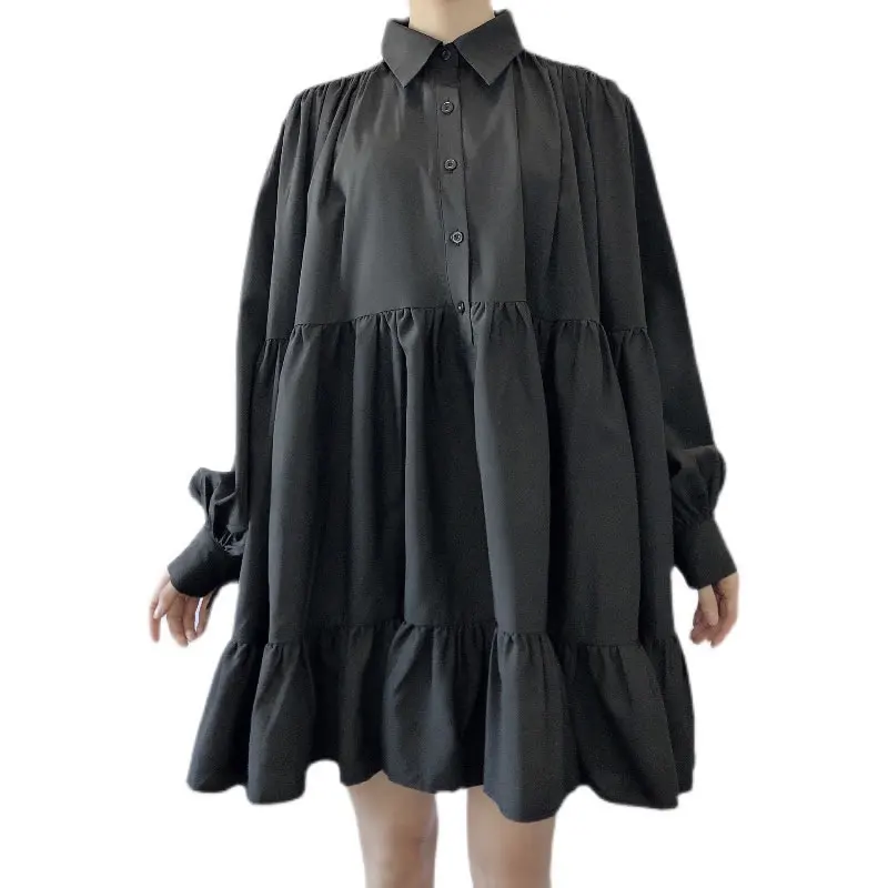 

XITAO Vintage Draped Casual Dress Women Ruffles Fashion New Style Turn Down Collar Long Puff Sleeve Button Slim Pullover ZY4664