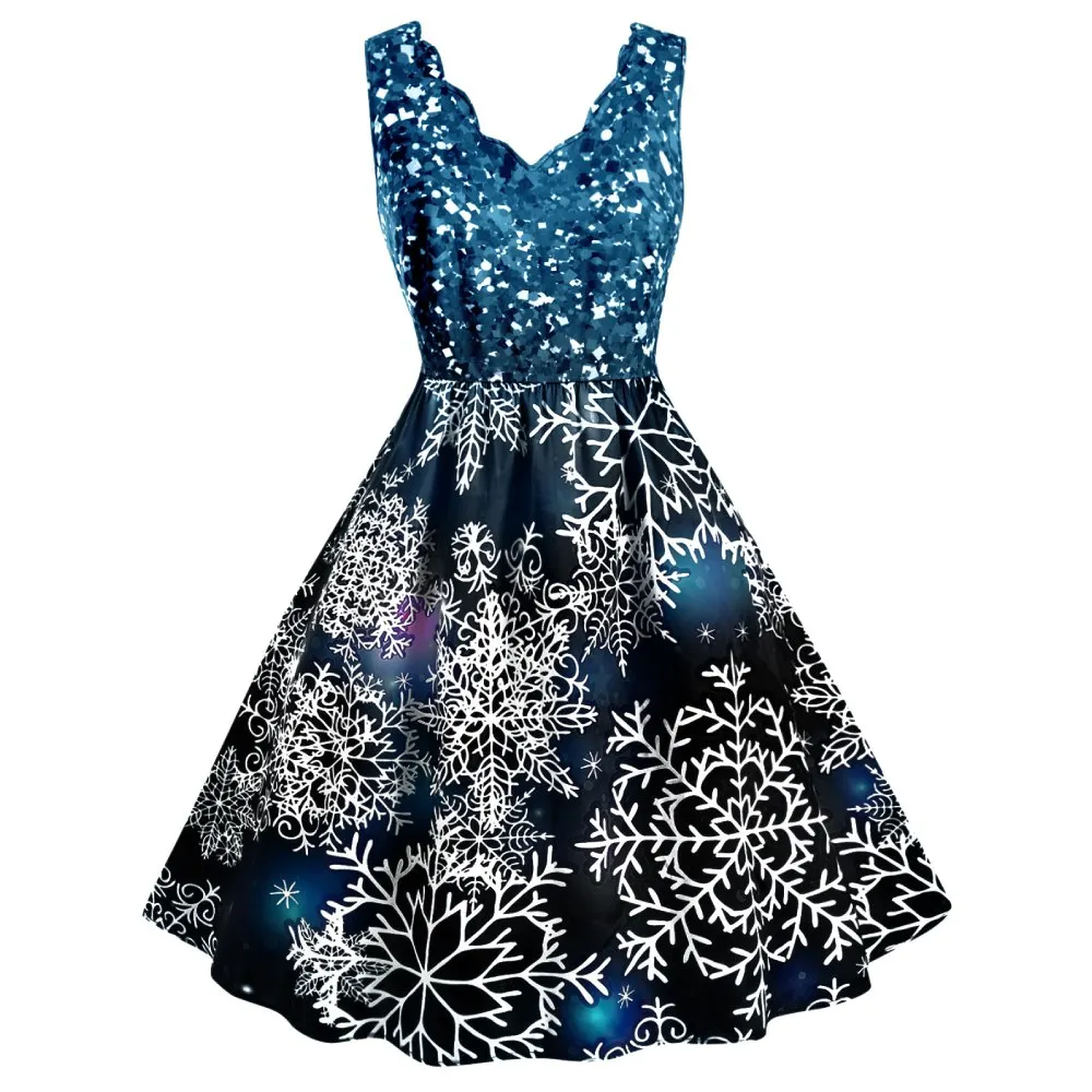 ROSEGAL рождественское платье женское волнистый воротник снежинка принт размера