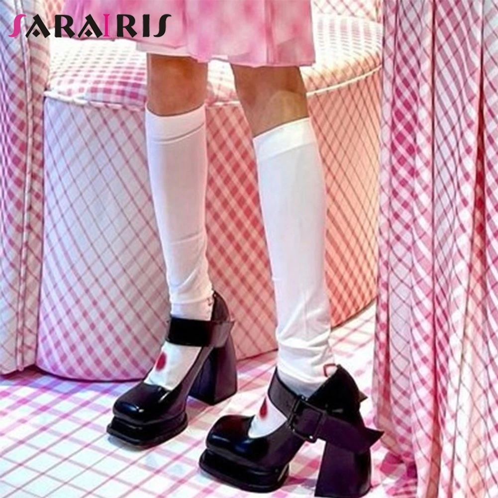 

SaraIris INS Brand Ladies Pumps Black Buckle Square Toe Platform Women 's Pumps Elegant Trendy Fashion Leisure Women Shoes