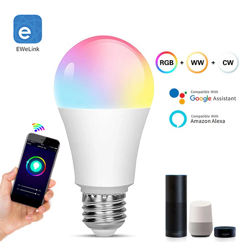 

WIFI Smart Light Bulb EWelink APP 85-265V 9W Dimmable E27 LED Light Bulb RGBCW Voice Control Compatible with Alexa Google Home