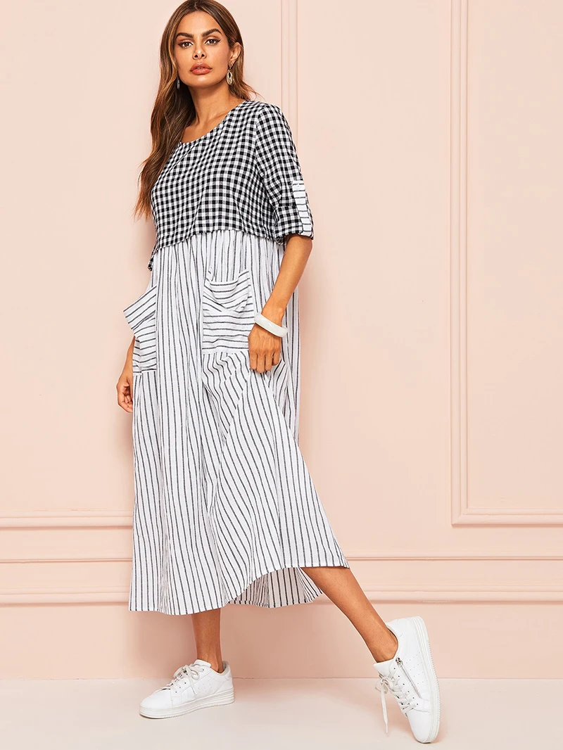 

High Waist Long Sleeve Plaid Color Arabian One Piece Dress